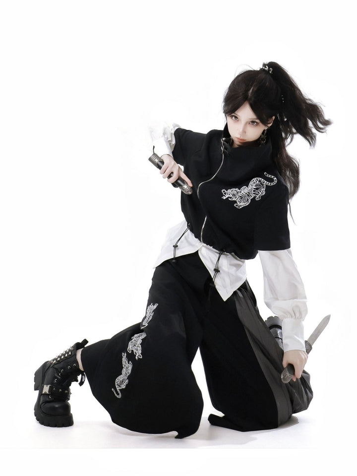 Bold Black Tiger Embroidered Skirt / Pants / White Layered Shirt