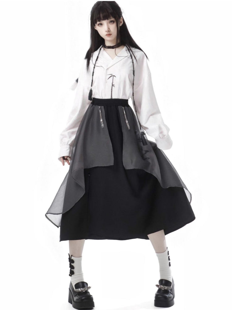 Elegant White / Black Bamboo Embroidered Shirt / Black Skirt / Leg Warmers