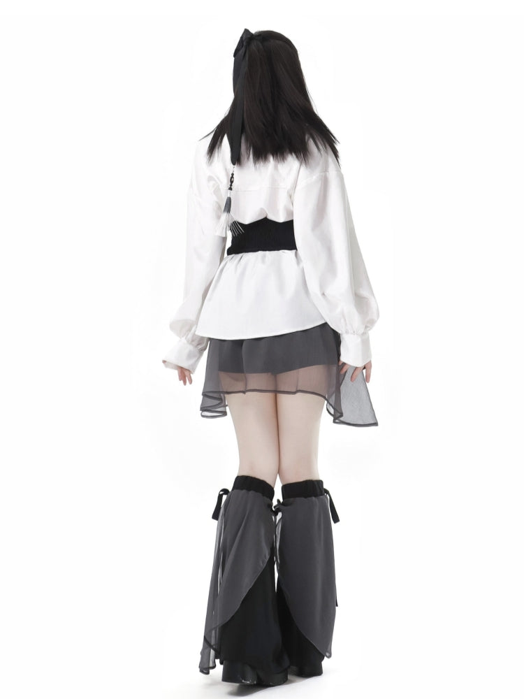 Elegant White / Black Bamboo Embroidered Shirt / Black Skirt / Leg Warmers