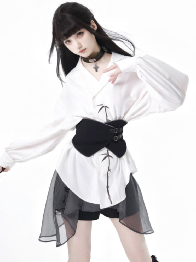 Elegant White / Black Bamboo Embroidered Shirt / Black Skirt / Leg Warmers
