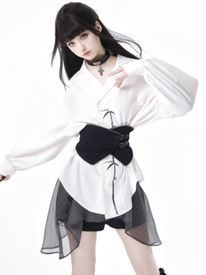 Elegant White / Black Bamboo Embroidered Shirt / Black Skirt / Leg Warmers
