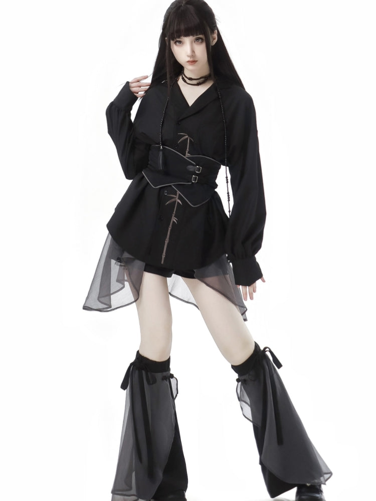Elegant White / Black Bamboo Embroidered Shirt / Black Skirt / Leg Warmers