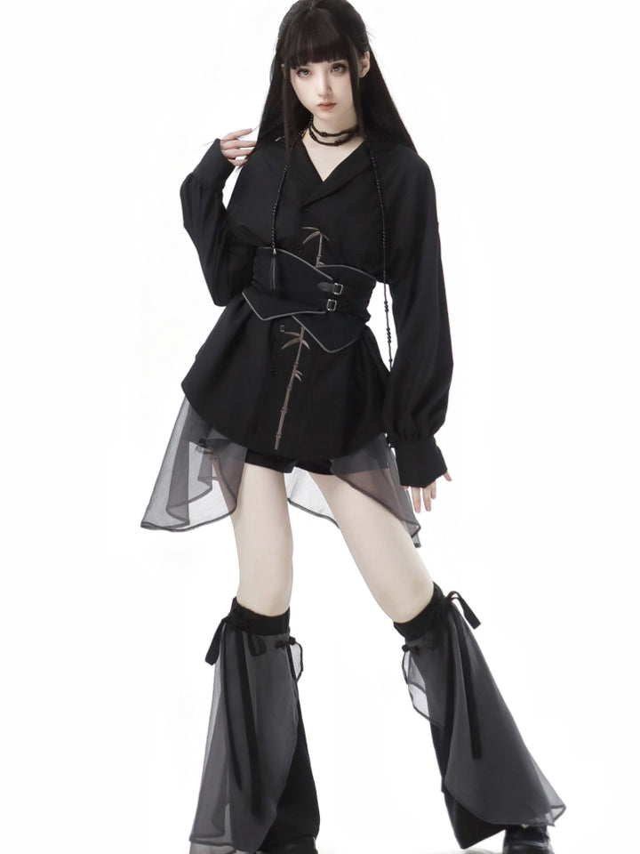 Elegant White / Black Bamboo Embroidered Shirt / Black Skirt / Leg Warmers