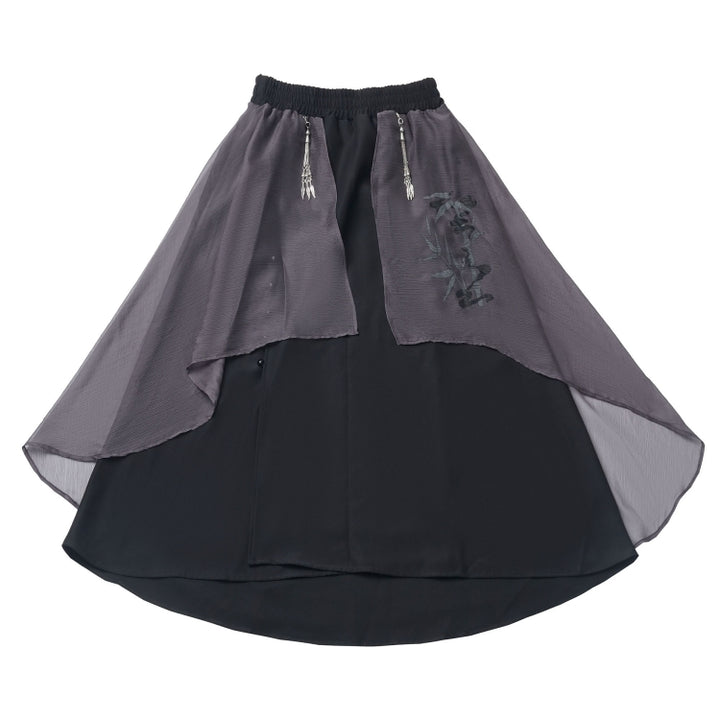 Elegant White / Black Bamboo Embroidered Shirt / Black Skirt / Leg Warmers