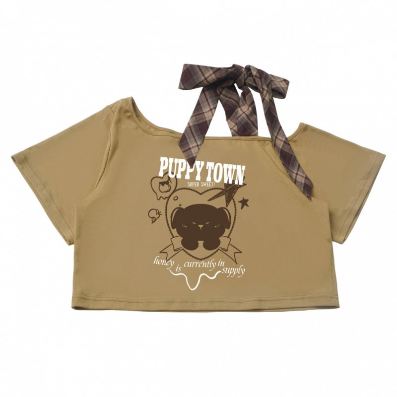 Cute Puppy Brown Yellow T-Shirts /Plaid Skirts / Leg Warmers