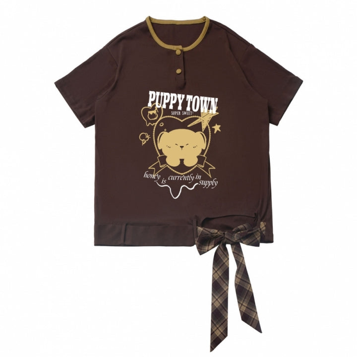 Cute Puppy Brown Yellow T-Shirts /Plaid Skirts / Leg Warmers