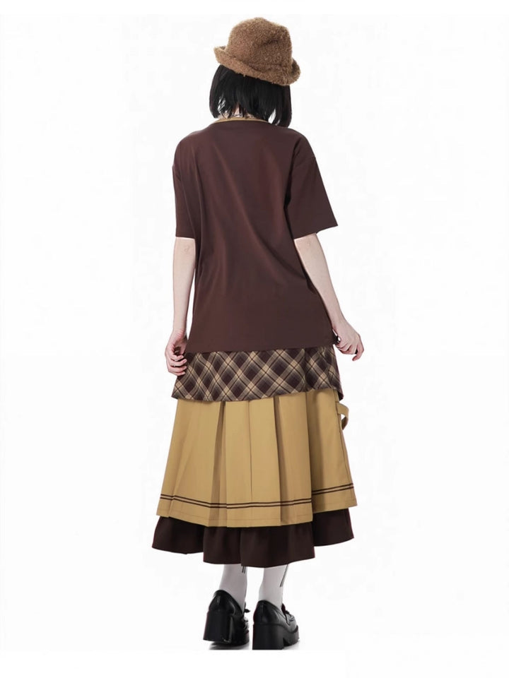 Cute Puppy Brown Yellow T-Shirts /Plaid Skirts / Leg Warmers