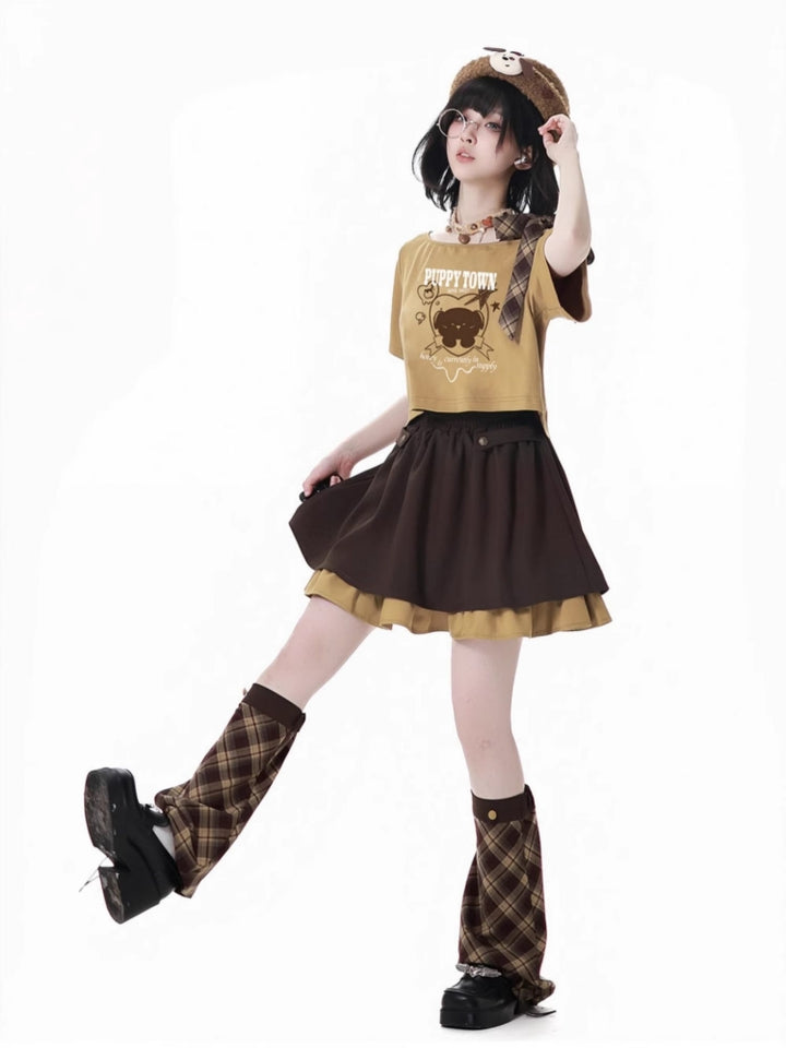 Cute Puppy Brown Yellow T-Shirts /Plaid Skirts / Leg Warmers