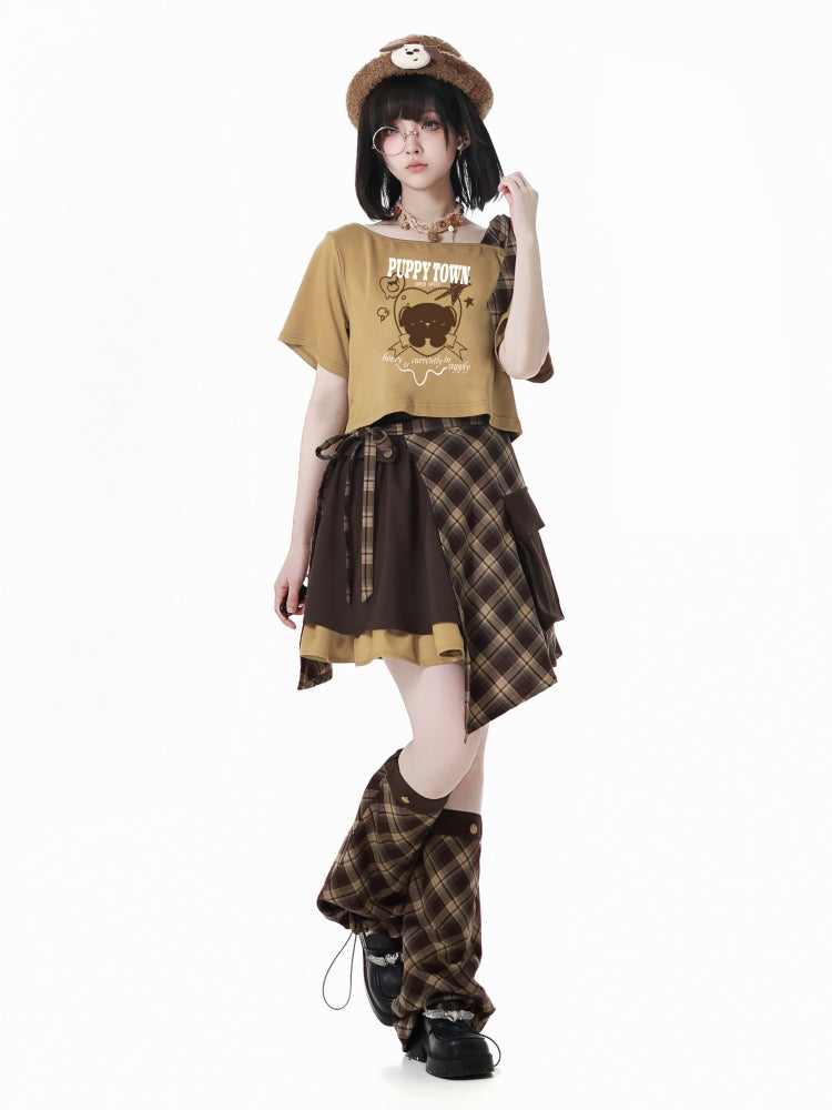 Cute Puppy Brown Yellow T-Shirts /Plaid Skirts / Leg Warmers