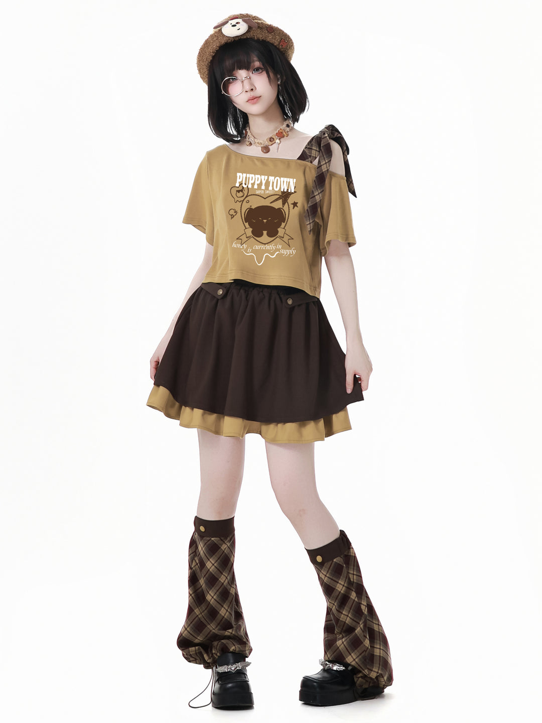 Cute Puppy Brown Yellow T-Shirts /Plaid Skirts / Leg Warmers