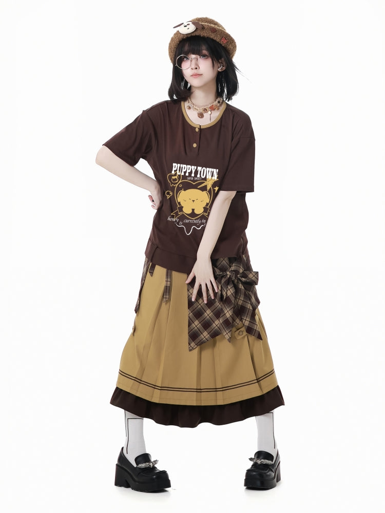 Cute Puppy Brown Yellow T-Shirts /Plaid Skirts / Leg Warmers