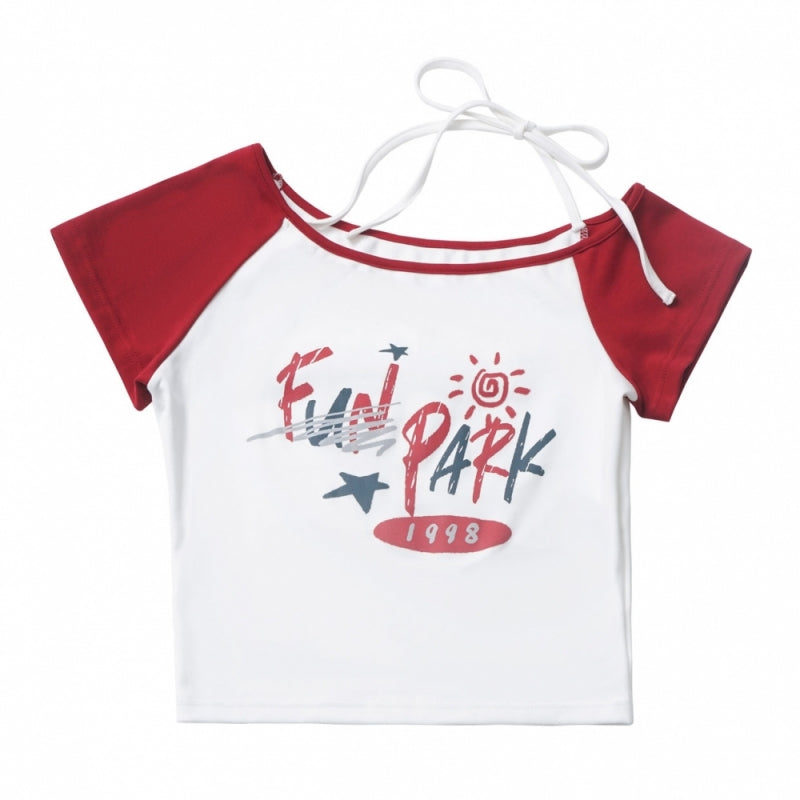 America Style Playful White T-Shirt / Denim Overalls / Red Leg Warmers