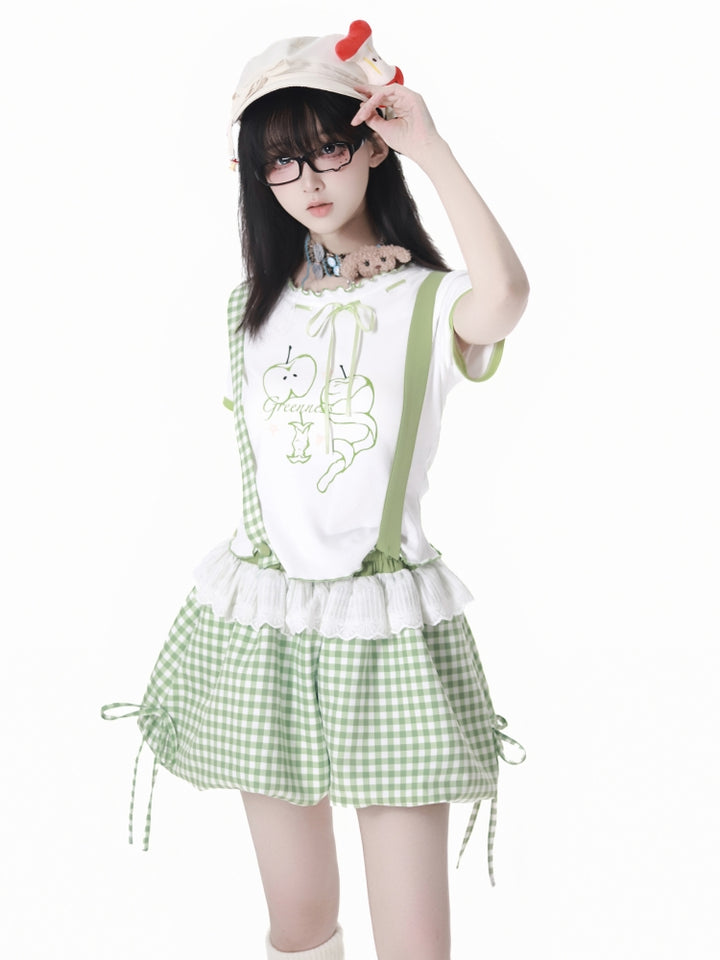 Cute Apple Graphic T-Shirt / Long Sleeve Shirt / Checkered Shorts / Pants