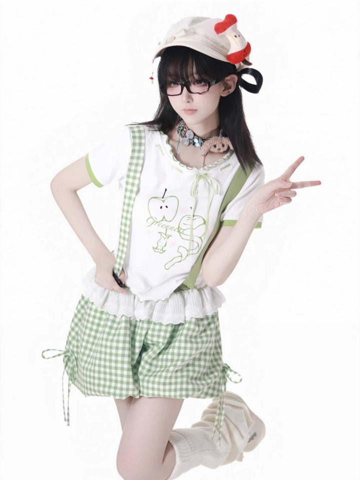 Cute Apple Graphic T-Shirt / Long Sleeve Shirt / Checkered Shorts / Pants