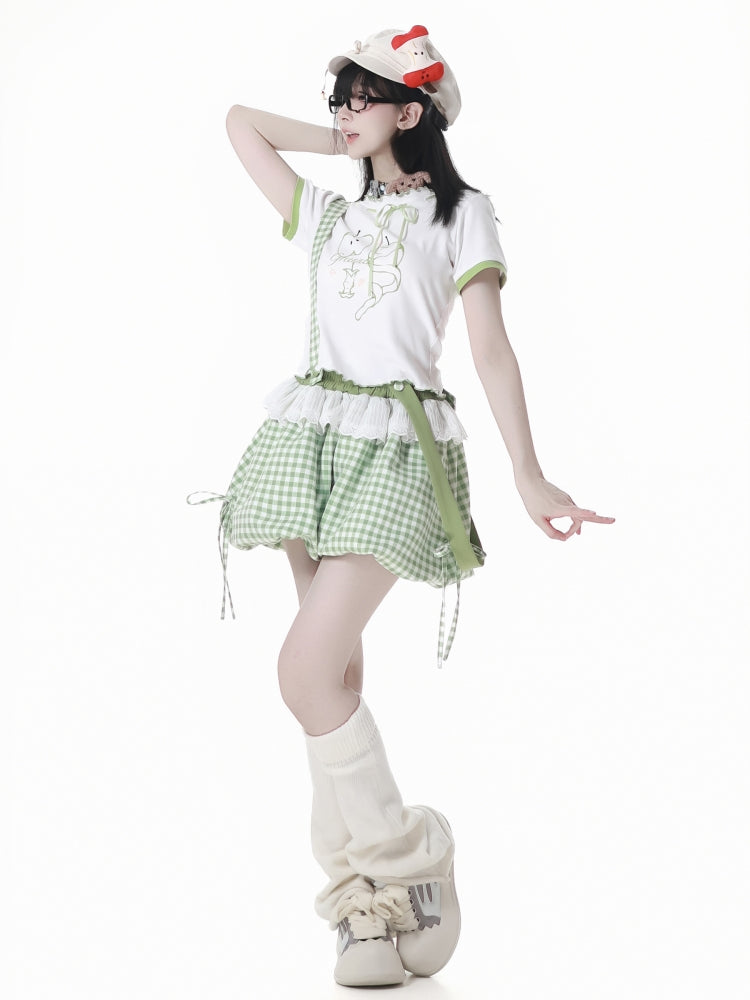 Cute Apple Graphic T-Shirt / Long Sleeve Shirt / Checkered Shorts / Pants