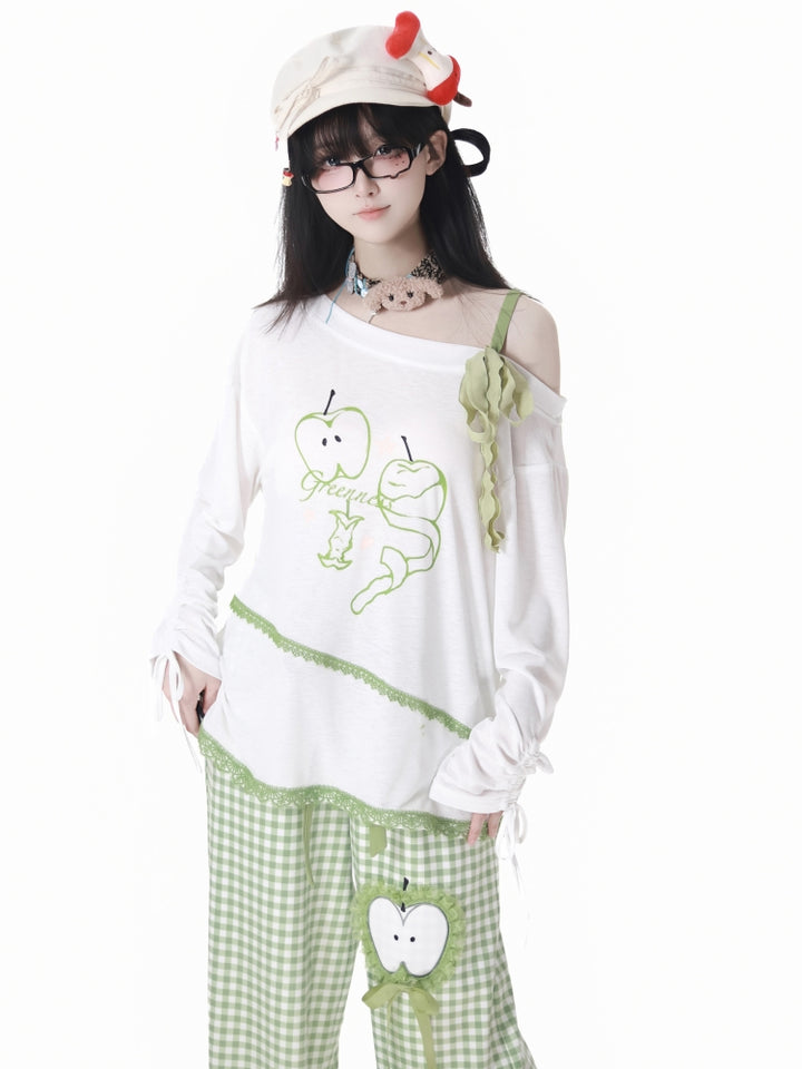 Cute Apple Graphic T-Shirt / Long Sleeve Shirt / Checkered Shorts / Pants