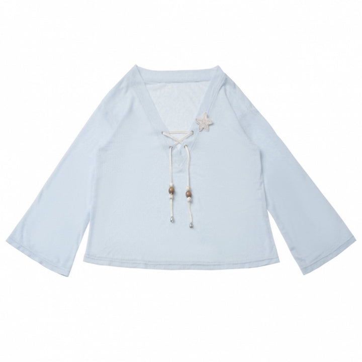Sweet Blue Shirt / Cream Halter Top / White Ruffle Skirt