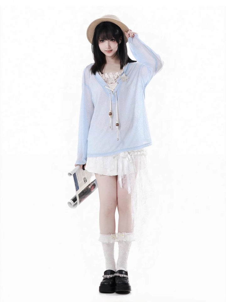 Sweet Blue Shirt / Cream Halter Top / White Ruffle Skirt