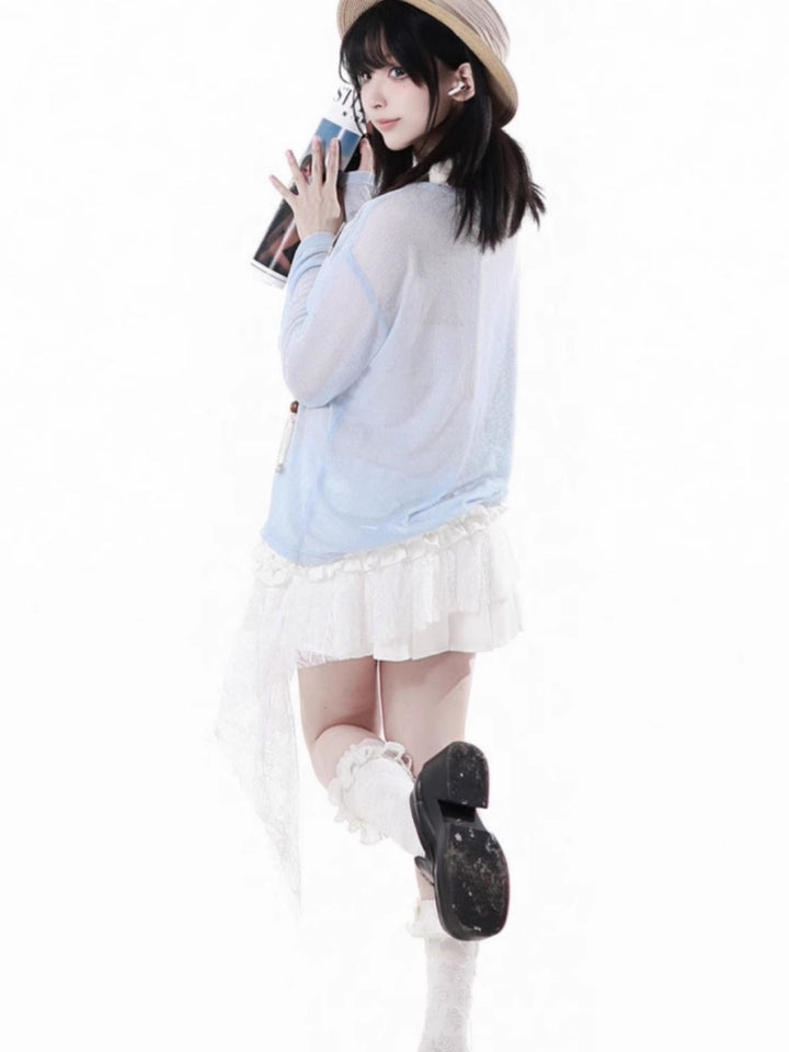 Sweet Blue Shirt / Cream Halter Top / White Ruffle Skirt
