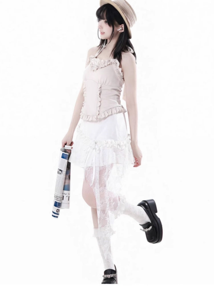 Sweet Blue Shirt / Cream Halter Top / White Ruffle Skirt