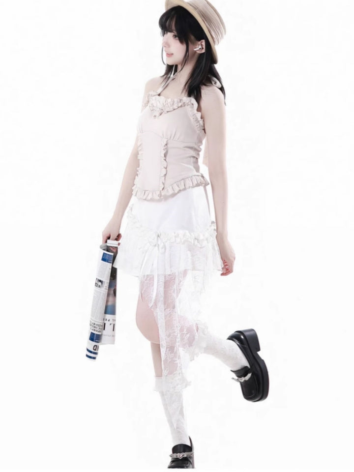 Sweet Blue Shirt / Cream Halter Top / White Ruffle Skirt
