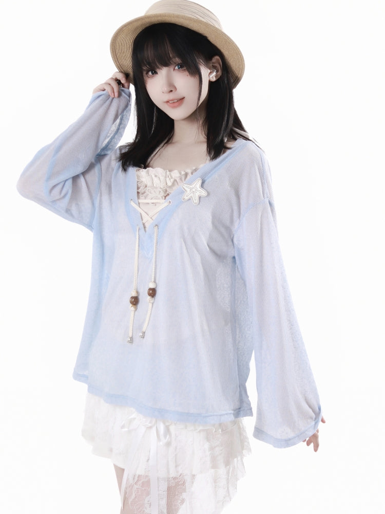 Sweet Blue Shirt / Cream Halter Top / White Ruffle Skirt