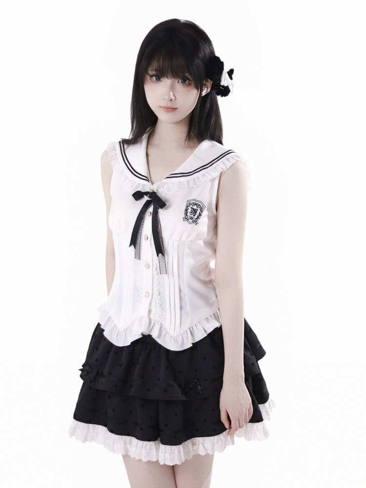 Sweet Lolita White Shirt / Pink Sweater / Black Skirt