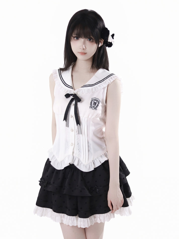 Sweet Lolita White Shirt / Pink Sweater / Black Skirt