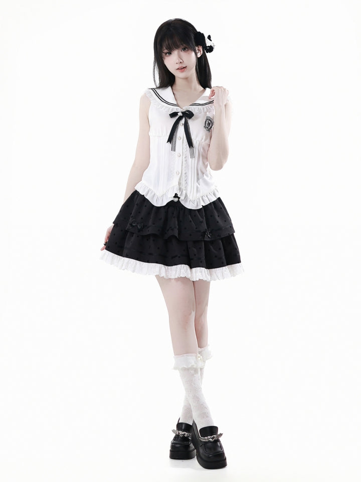 Sweet Lolita White Shirt / Pink Sweater / Black Skirt
