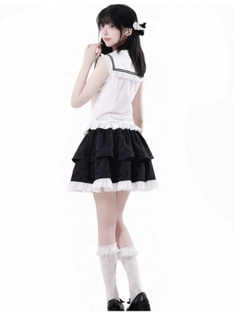 Sweet Lolita White Shirt / Pink Sweater / Black Skirt