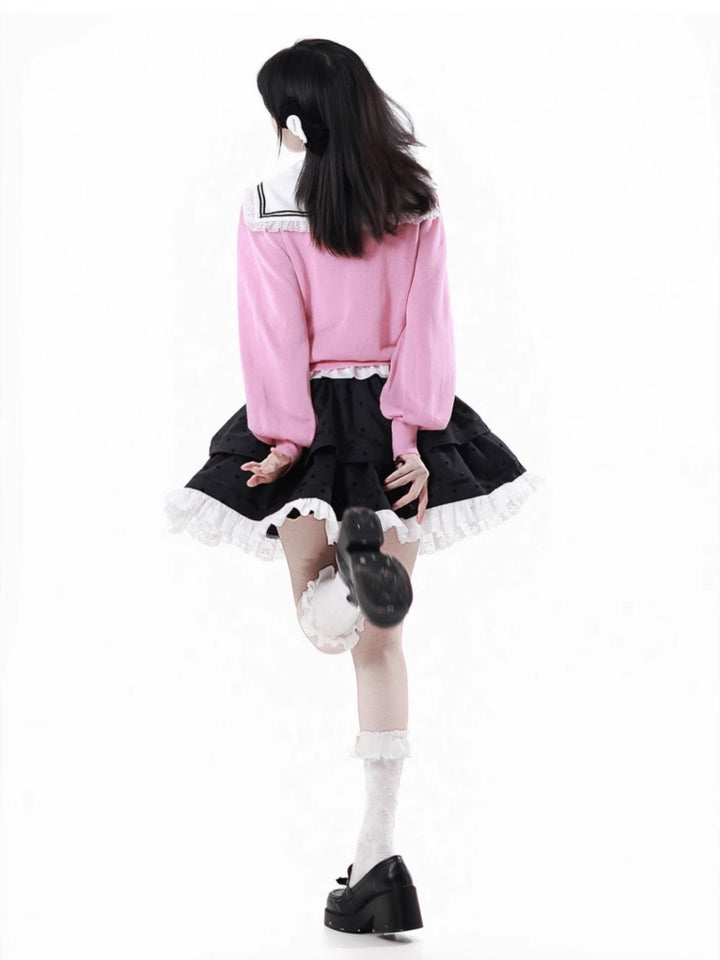 Sweet Lolita White Shirt / Pink Sweater / Black Skirt