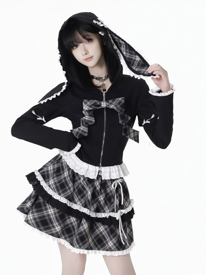 Kawaii Bunny Ear Hoodie / Plaid Ruffle Skirt