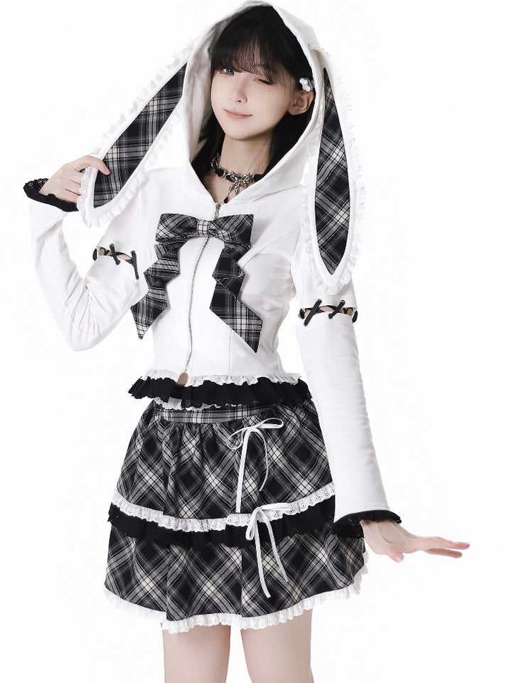 Kawaii Bunny Ear Hoodie / Plaid Ruffle Skirt