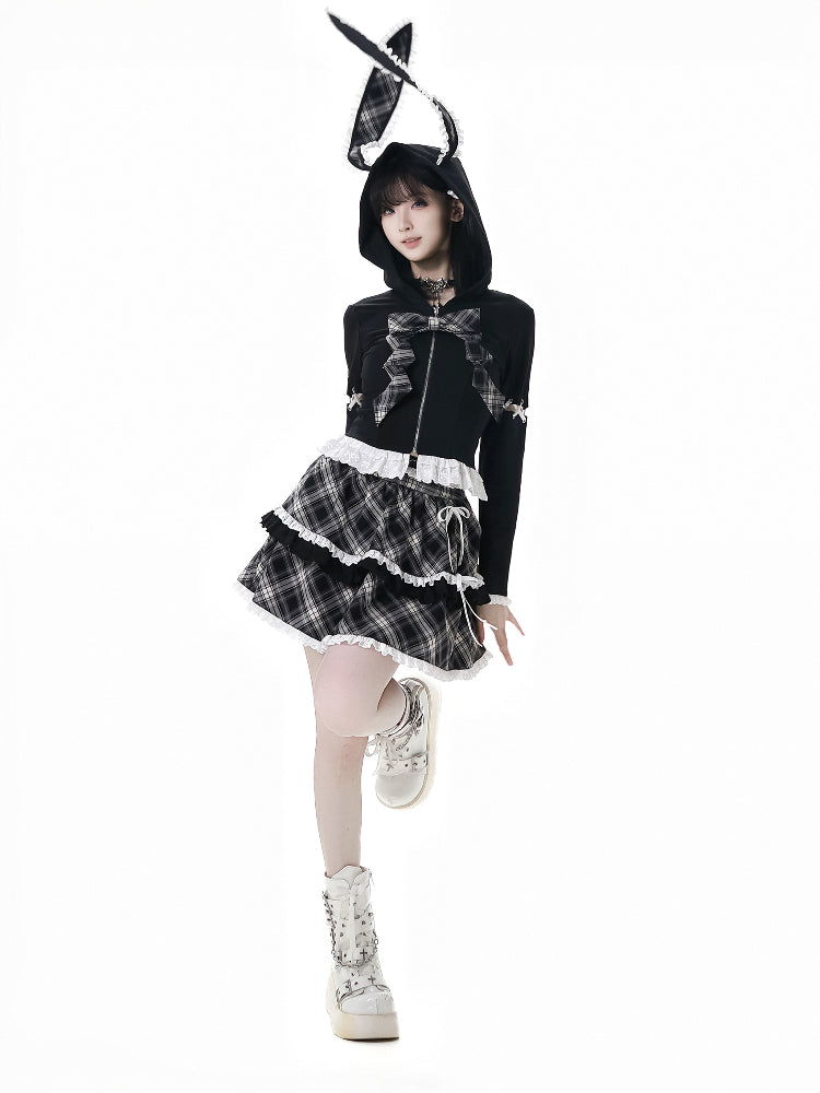 Kawaii Bunny Ear Hoodie / Plaid Ruffle Skirt