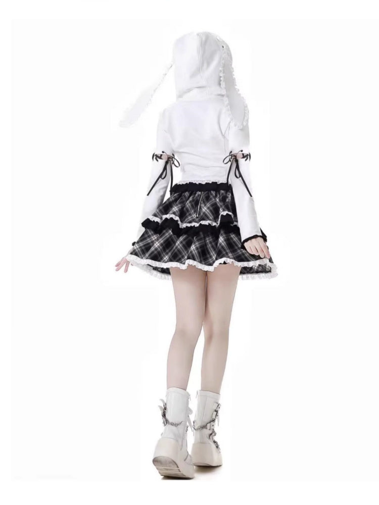 Kawaii Bunny Ear Hoodie / Plaid Ruffle Skirt