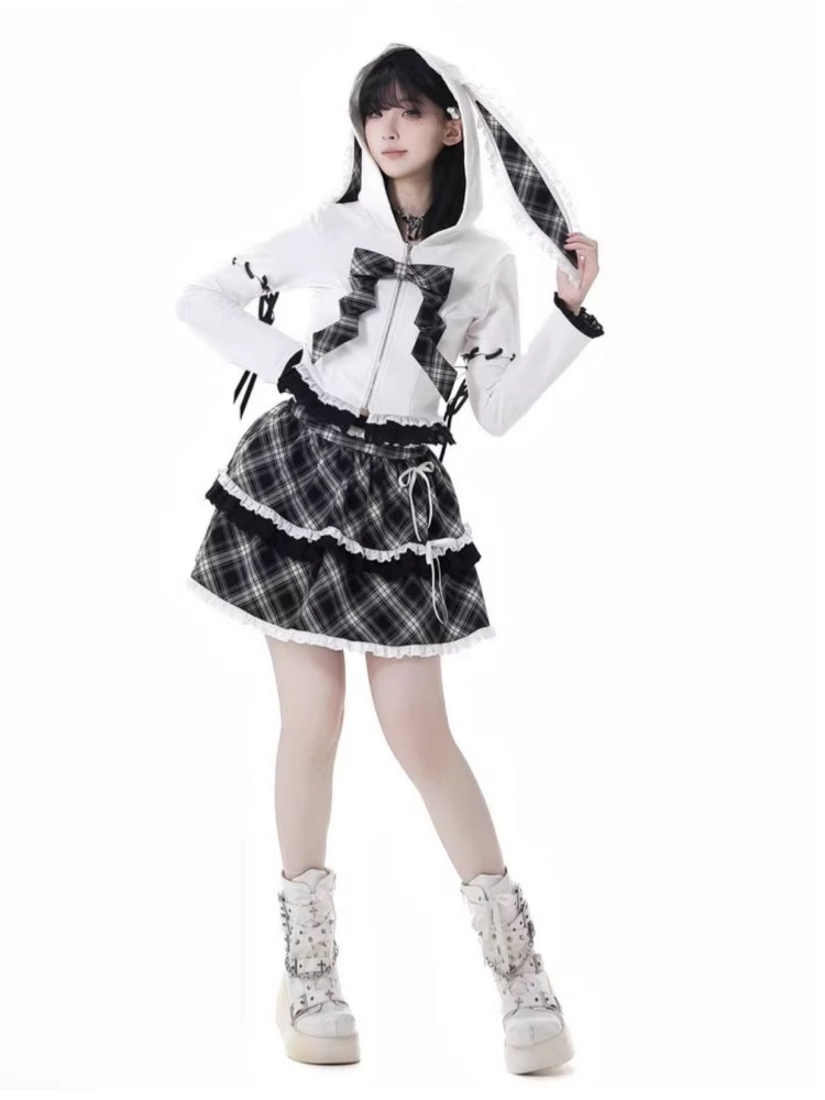 Kawaii Bunny Ear Hoodie / Plaid Ruffle Skirt