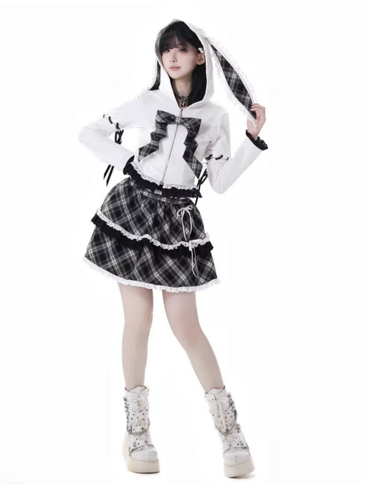 Kawaii Bunny Ear Hoodie / Plaid Ruffle Skirt