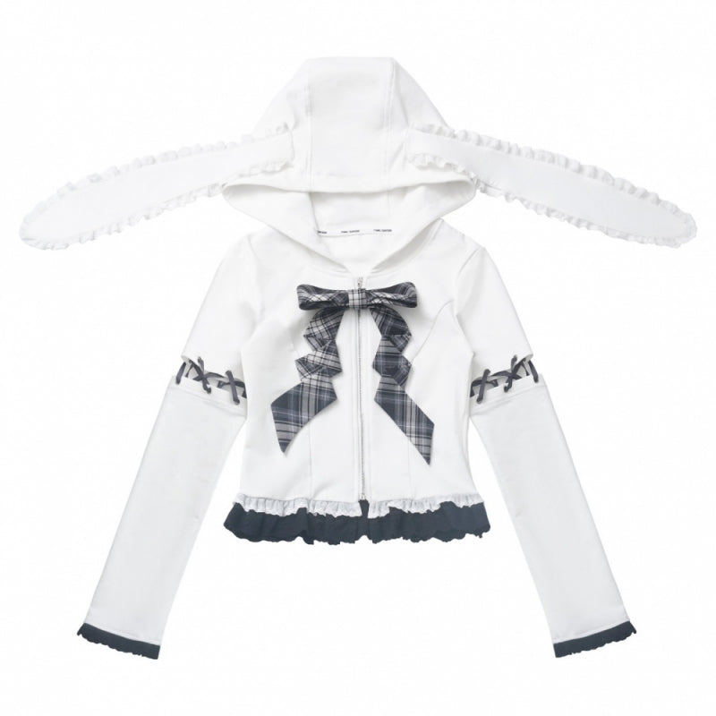 Kawaii Bunny Ear Hoodie / Plaid Ruffle Skirt