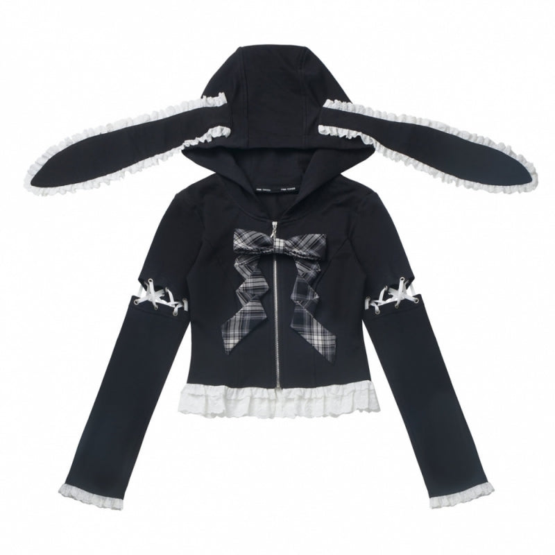 Kawaii Bunny Ear Hoodie / Plaid Ruffle Skirt