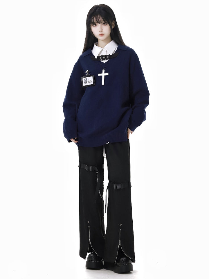 Dark Academia with Chains Sweater / Buckled Techwear Pants