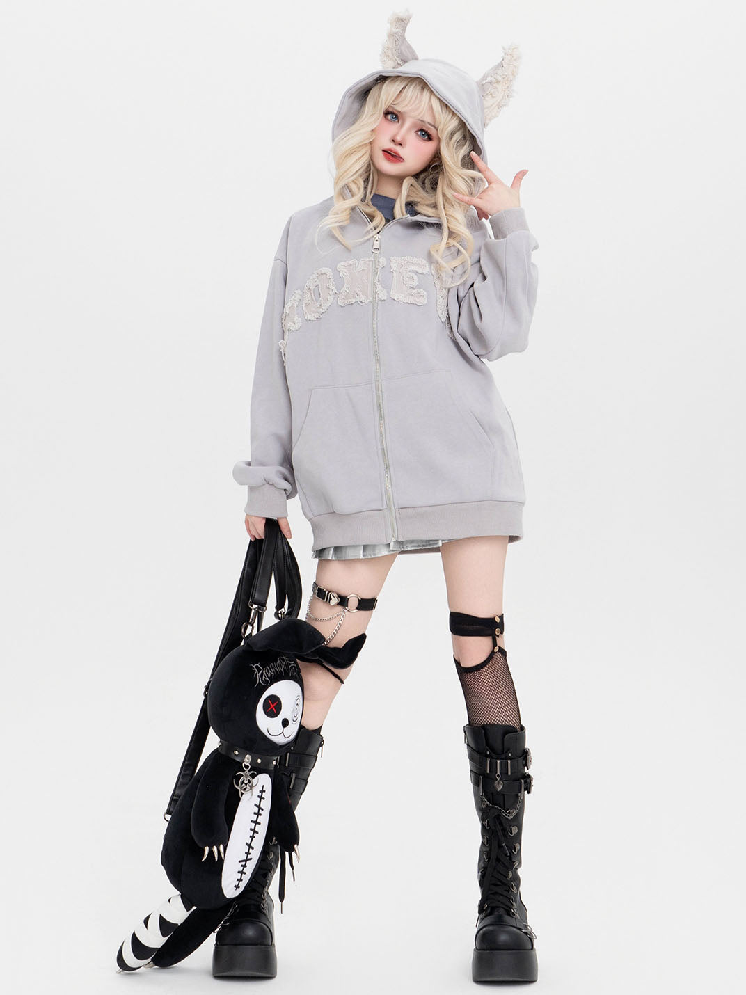 Black/Gray Letter Embroidery 3D Ears Hooded Zip-Up Sweatshirt
