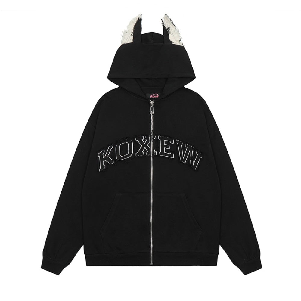 Black/Gray Letter Embroidery 3D Ears Hooded Zip-Up Sweatshirt