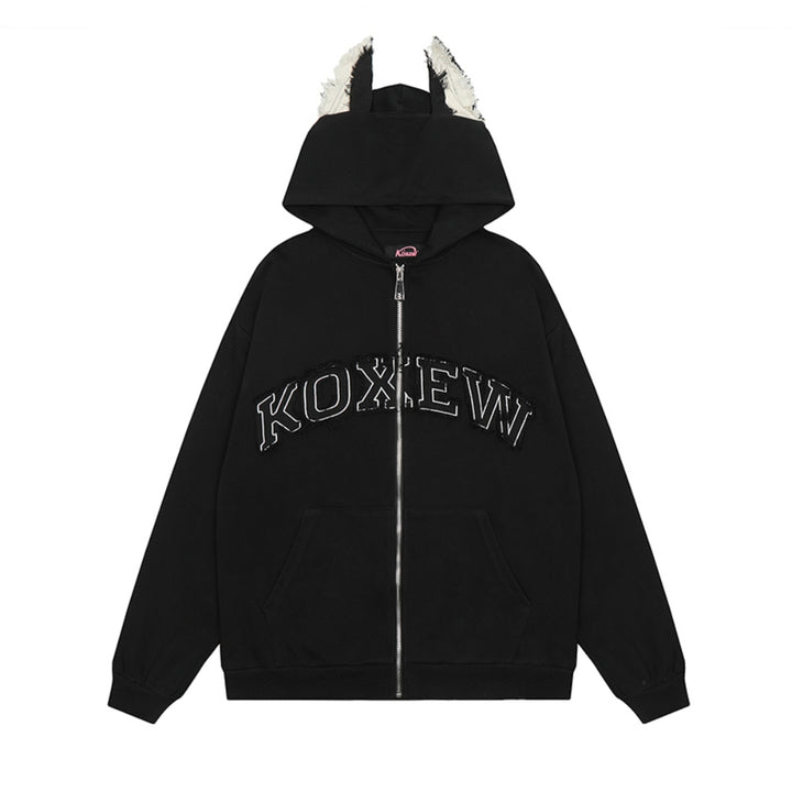 Black/Gray Letter Embroidery 3D Ears Hooded Zip-Up Sweatshirt