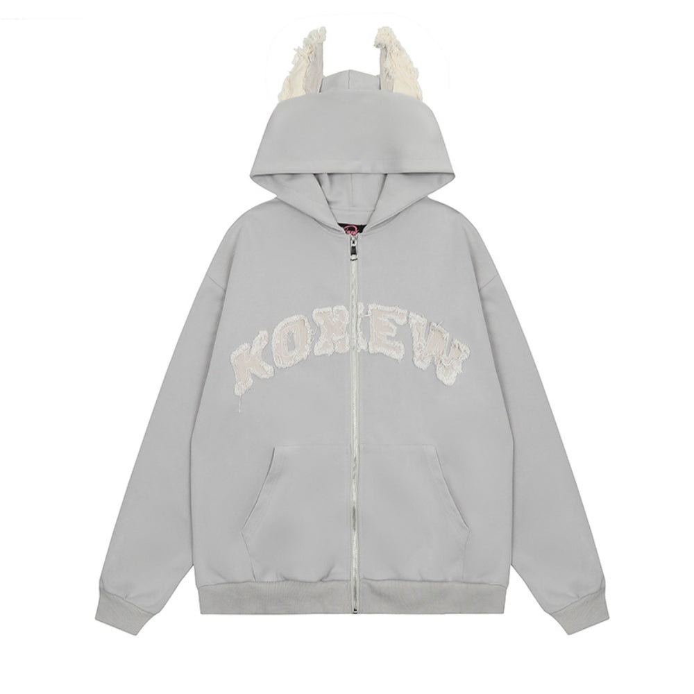 Black/Gray Letter Embroidery 3D Ears Hooded Zip-Up Sweatshirt