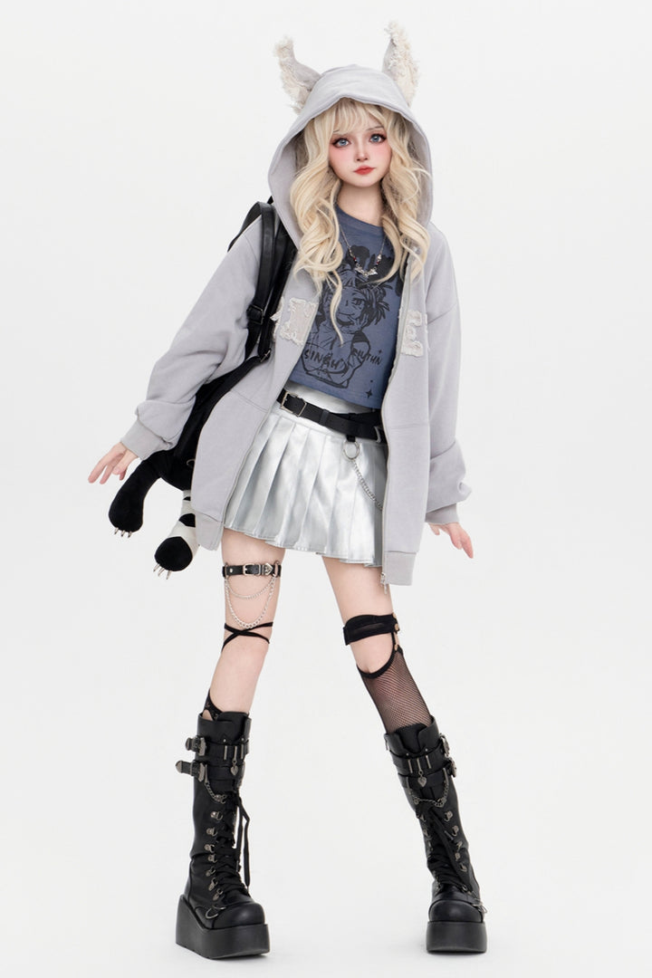 Black/Gray Letter Embroidery 3D Ears Hooded Zip-Up Sweatshirt