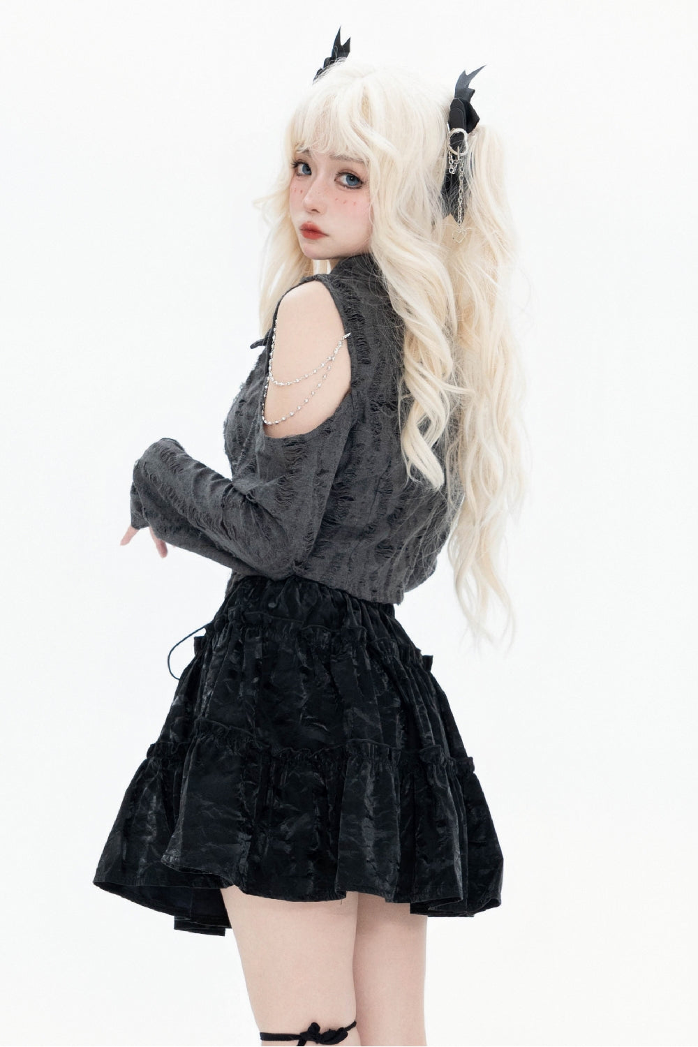 Gray Punk Style Top with Cut-Outs and Shoulder Exposure