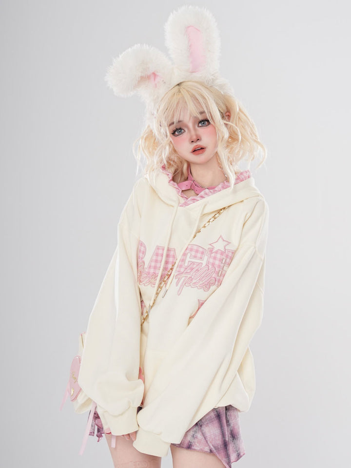 Light Yellow American Vintage Hooded Fleece-Lined and Oversized Sweatshirt for Autumn/Winter