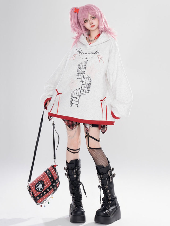 Gray Star Letter Print Subculture Hooded Sweatshirt for Autumn/Winter