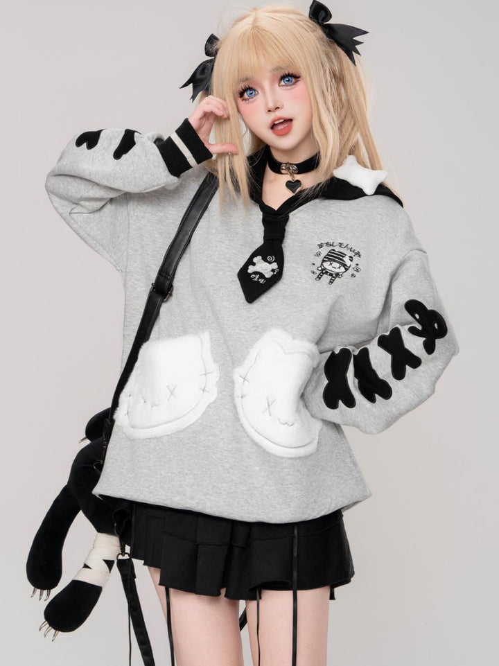 Light Gray and Black Cat Letter Embroidery Sailor Collar Sweatshirt for Spring