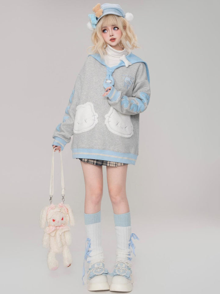 Light Gray and Blue Cat Letter Embroidery Sailor Collar Sweatshirt for Spring